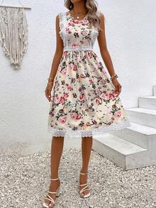 1入組印花蕾絲拼接連衣裙 - 杏色 - 查看 6