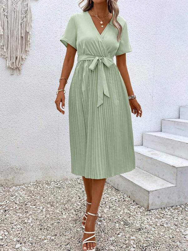 Solid Belted Pleated Hem Dress SHEIN USA