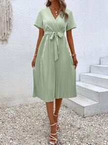 SHEIN Unity 素色腰帶百褶下擺連衣裙 - 薄荷綠 - 查看 3