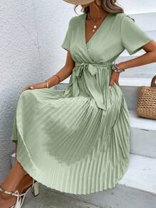 SHEIN Unity 素色腰帶百褶下擺連衣裙 - 薄荷綠 - 查看 5