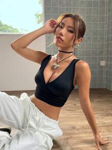 SHEIN EZwear Áo khoác và áo lót dành cho xe tăng nữ Trọn gói màu trơn Gợi cảm - màu đen - Xem 1