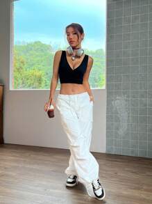 SHEIN EZwear Áo khoác và áo lót dành cho xe tăng nữ Trọn gói màu trơn Gợi cảm - màu đen - Xem 5