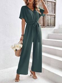 SHEIN Frenchy 素色腰帶闊腿連體褲 - 墨綠色 - 查看 1