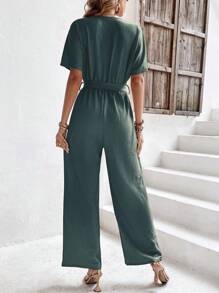 SHEIN Frenchy 素色腰帶闊腿連體褲 - 墨綠色 - 查看 2