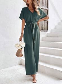 SHEIN Frenchy 素色腰帶闊腿連體褲 - 墨綠色 - 查看 3