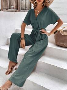 SHEIN Frenchy 素色腰帶闊腿連體褲 - 墨綠色 - 查看 5