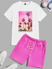 Manfinity VCAY Nam Bông Slogan & bản in cây cọ Áo thun & Eo dây rút Quần short - Nhiều màu - Xem 1