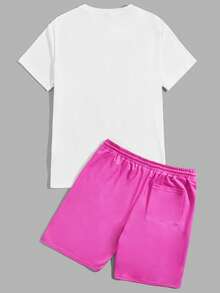 Manfinity VCAY Nam Bông Slogan & bản in cây cọ Áo thun & Eo dây rút Quần short - Nhiều màu - Xem 2