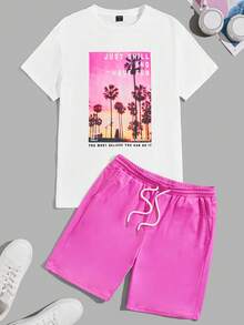 Manfinity VCAY Nam Bông Slogan & bản in cây cọ Áo thun & Eo dây rút Quần short - Nhiều màu - Xem 3