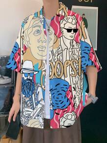 Manfinity Roghcode Áo sơ mi nam tay ngắn họa tiết hoạt hình có nút lên đầy màu sắc ngộ nghĩnh, áo sơ mi rộng thùng thình, quà tặng bạn trai - Nhiều màu - Xem 3