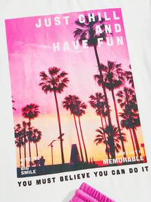 Manfinity VCAY Nam Bông Slogan & bản in cây cọ Áo thun & Eo dây rút Quần short - Nhiều màu - Xem 5