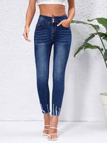 SHEIN Essnce Quần jean nữ Nút Túi Bị tách Dây kéo màu trơn - Rửa tối - Xem 5