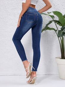 SHEIN Essnce Quần jean nữ Nút Túi Bị tách Dây kéo màu trơn - Rửa tối - Xem 3