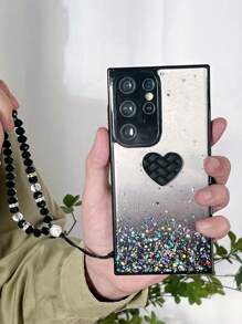 亮片和愛心裝飾手機殼附帶繩子 - 黑色 - 查看 3