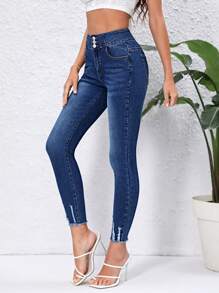 SHEIN Essnce Quần jean nữ Nút Túi Bị tách Dây kéo màu trơn - Rửa tối - Xem 1