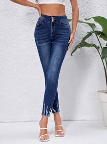 SHEIN Essnce Quần jean nữ Nút Túi Bị tách Dây kéo màu trơn - Rửa tối - Xem 4