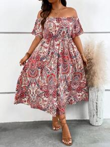 SHEIN Holidaya Vestido con estampado de paisley de hombros descubiertos - Blanco - Ver 1