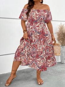 SHEIN Holidaya Vestido con estampado de paisley de hombros descubiertos - Blanco - Ver 3