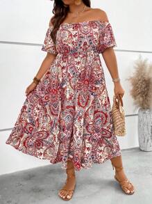 SHEIN Holidaya Vestido con estampado de paisley de hombros descubiertos - Blanco - Ver 4