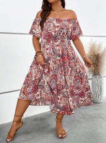 SHEIN Holidaya Vestido con estampado de paisley de hombros descubiertos - Blanco - Ver 5