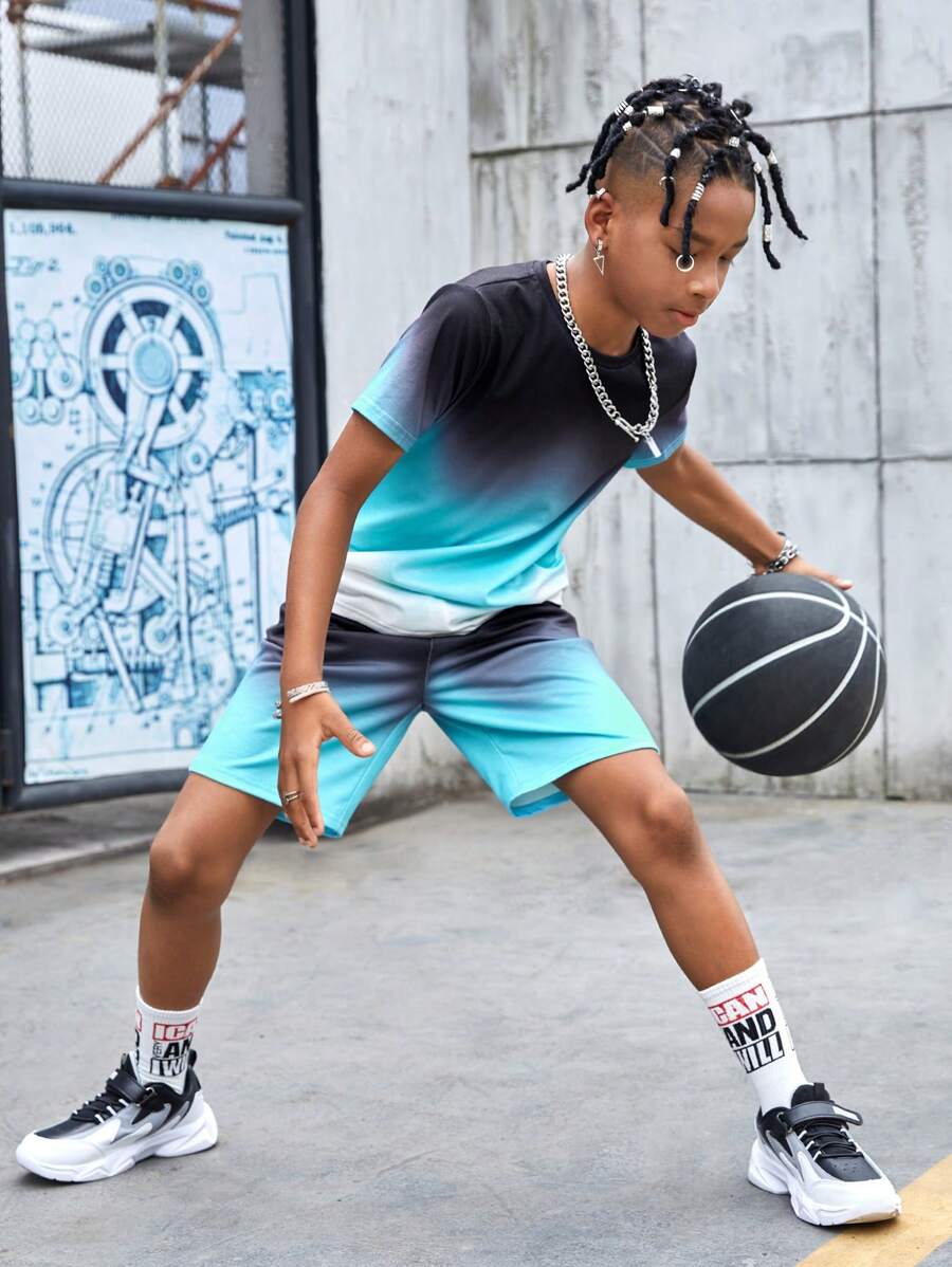 SHEIN Leap Crew Tween Boy Ombre Tee & Shorts - Multicolor - View 1