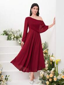 Modelyn Burgundy Red Asymmetrical Neck Fold Pleated Detail Dress - Burgundy - View 1