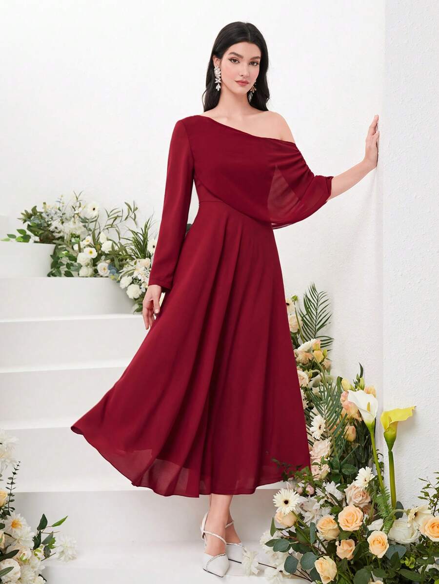 Modelyn Burgundy Red Asymmetrical Neck Fold Pleated Detail Dress - Burgundy - View 1