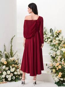 Modelyn Burgundy Red Asymmetrical Neck Fold Pleated Detail Dress - Burgundy - View 2