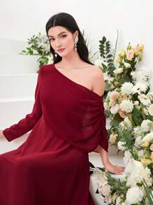 Modelyn Burgundy Red Asymmetrical Neck Fold Pleated Detail Dress - Burgundy - View 3