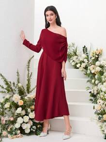Modelyn Burgundy Red Asymmetrical Neck Fold Pleated Detail Dress - Burgundy - View 5
