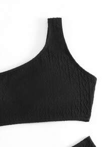 素色單肩比基尼泳裝 - 黑色 - 查看 3