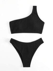 素色單肩比基尼泳裝 - 黑色 - 查看 4
