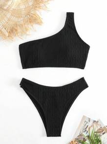 素色單肩比基尼泳裝 - 黑色 - 查看 5