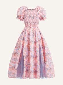 SHEIN Girls Floral Print Puff Sleeve Dress - Multicolor - View 1