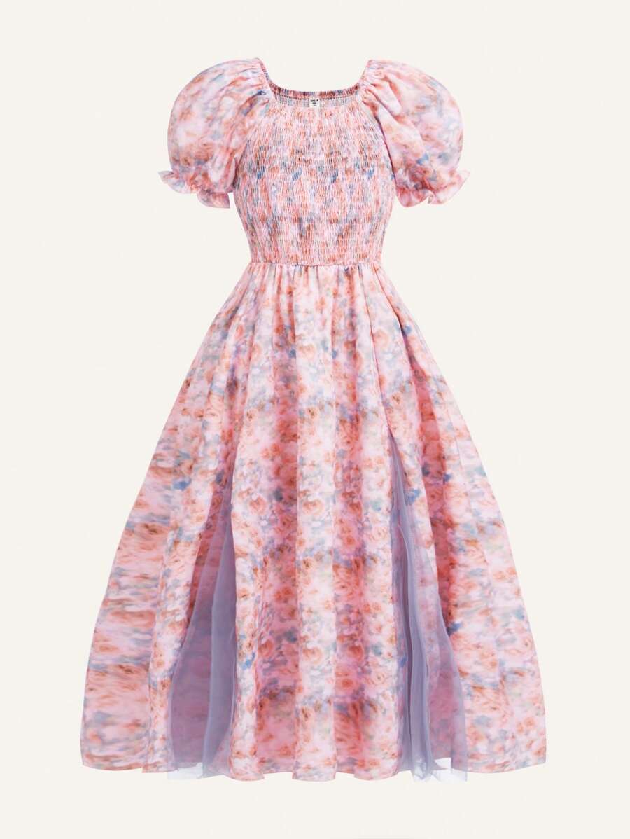 SHEIN Girls Floral Print Puff Sleeve Dress - Multicolor - View 1