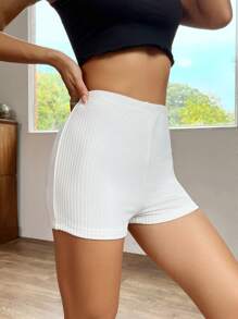 SHEIN EZwear 素色條紋針織騎行褲 - 白色 - 查看 3