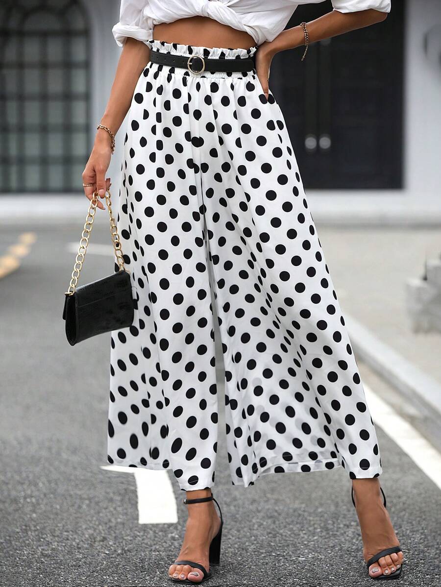 SHEIN LUNE Polka Dot Print Wide Leg Trousers Without Belt - Black and White - View 1