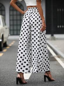SHEIN LUNE Polka Dot Print Wide Leg Trousers Without Belt - Black and White - View 2
