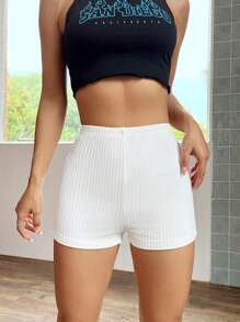 SHEIN EZwear 素色條紋針織騎行褲 - 白色 - 查看 7