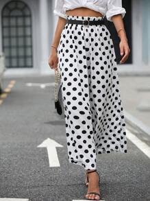 SHEIN LUNE Polka Dot Print Wide Leg Trousers Without Belt - Black and White - View 3