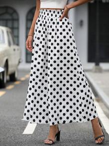 SHEIN LUNE Polka Dot Print Wide Leg Trousers Without Belt - Black and White - View 5