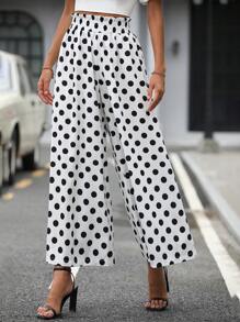SHEIN LUNE Polka Dot Print Wide Leg Trousers Without Belt - Black and White - View 6