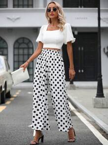 SHEIN LUNE Polka Dot Print Wide Leg Trousers Without Belt - Black and White - View 7
