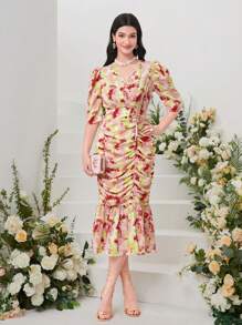 Modelyn Vestido con estampado floral fruncido bajo con fruncido bajo sirena - Multicolor - Ver 1