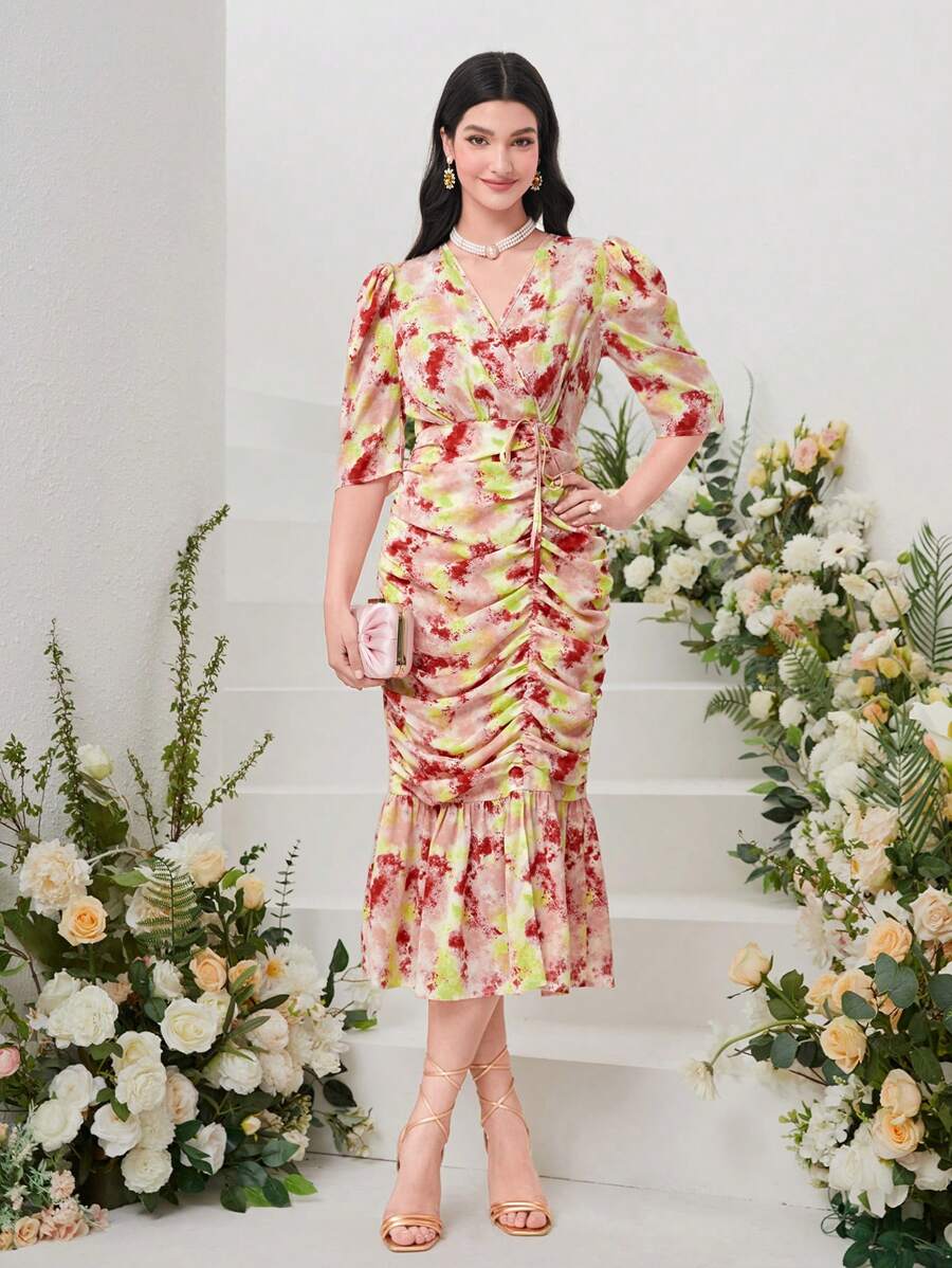 Modelyn Vestido con estampado floral fruncido bajo con fruncido bajo sirena - Multicolor - Ver 1