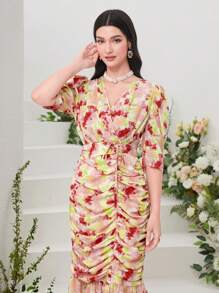 Modelyn Vestido con estampado floral fruncido bajo con fruncido bajo sirena - Multicolor - Ver 3