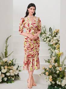 Modelyn Vestido con estampado floral fruncido bajo con fruncido bajo sirena - Multicolor - Ver 4