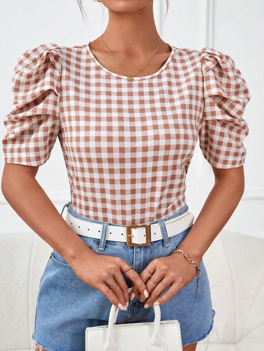 SHEIN Privé 格子圖案泡泡袖襯衫 - 鏽棕色 - 查看 1