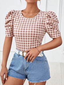 SHEIN Privé 格子圖案泡泡袖襯衫 - 鏽棕色 - 查看 3
