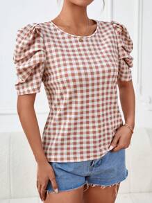 SHEIN Privé 格子圖案泡泡袖襯衫 - 鏽棕色 - 查看 5